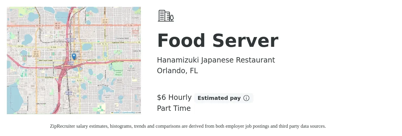 Hanamizuki Japanese Restaurant job posting for a Food Server in Orlando, FL with a salary of $7 Hourly (plus commission) with a map of Orlando location.