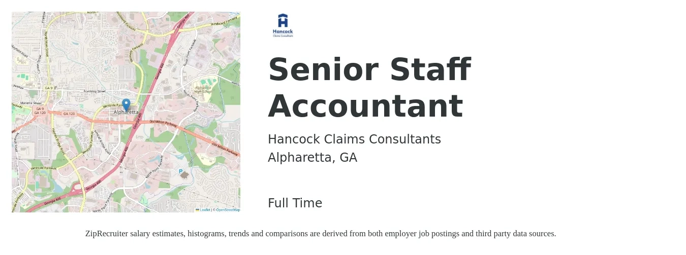Hancock Claims Consultants job posting for a Senior Staff Accountant in Alpharetta, GA with a salary of $67,900 to $83,500 Yearly with a map of Alpharetta location.