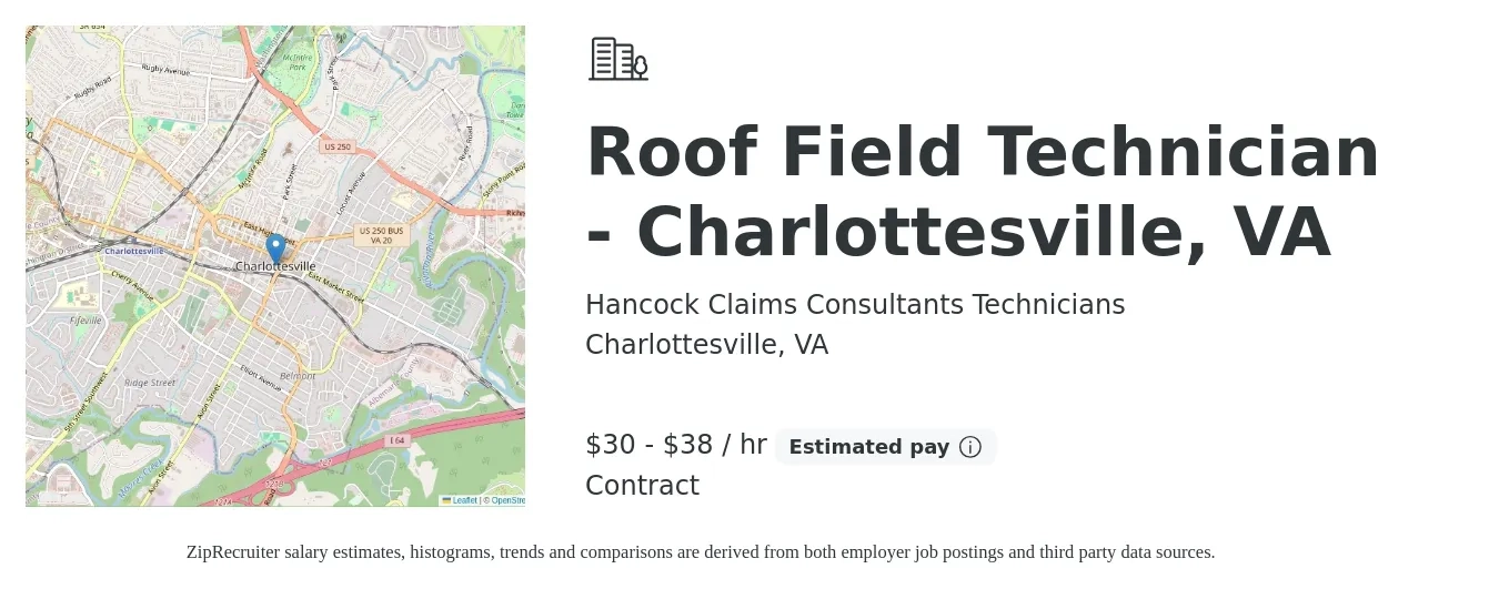 Hancock Claims Consultants Technicians job posting for a Roof Field Technician - Charlottesville, VA in Charlottesville, VA with a salary of $32 to $40 Hourly with a map of Charlottesville location.