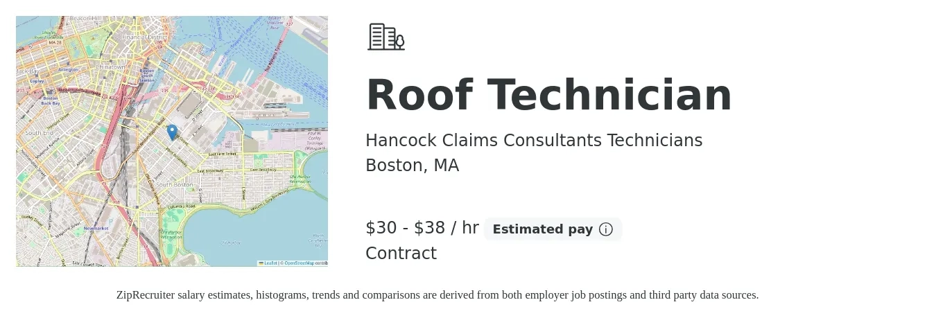 Hancock Claims Consultants Technicians job posting for a Roof Technician in Boston, MA with a salary of $32 to $40 Hourly with a map of Boston location.