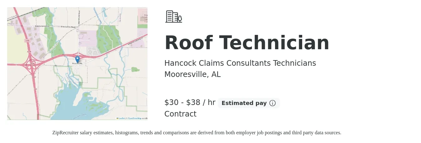 Hancock Claims Consultants Technicians job posting for a Roof Technician in Mooresville, AL with a salary of $32 to $40 Hourly with a map of Mooresville location.