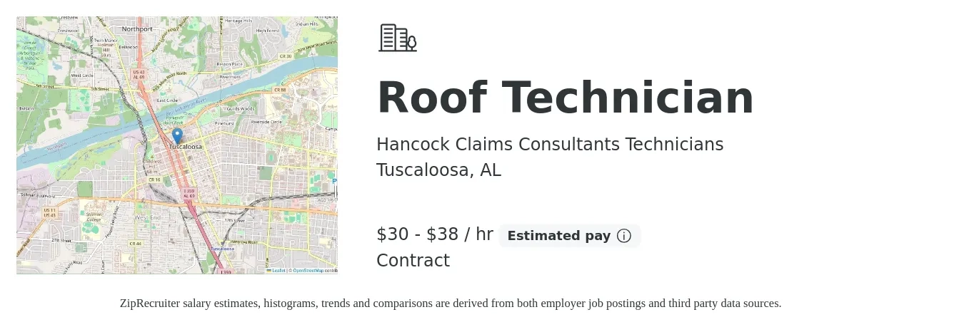Hancock Claims Consultants Technicians job posting for a Roof Technician in Tuscaloosa, AL with a salary of $32 to $40 Hourly with a map of Tuscaloosa location.