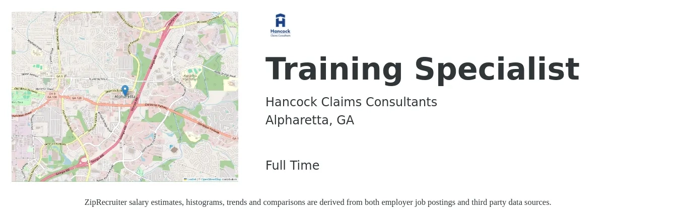 Hancock Claims Consultants job posting for a Training Specialist in Alpharetta, GA with a salary of $55,000 to $80,100 Yearly with a map of Alpharetta location.