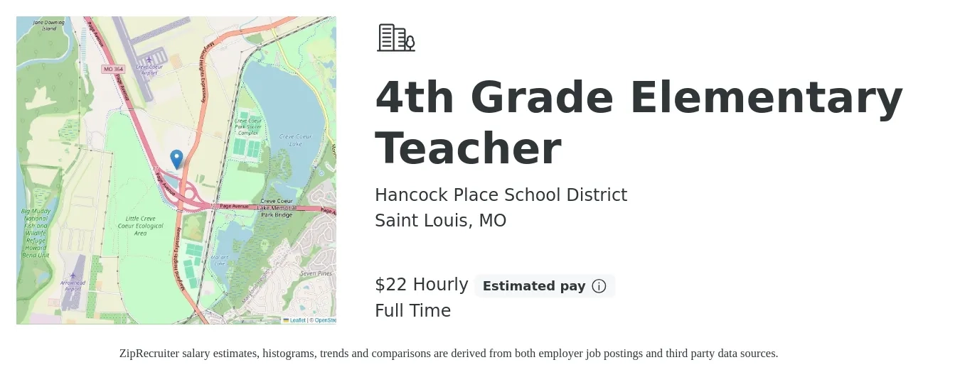 Hancock Place School District job posting for a 4th Grade Elementary Teacher in Saint Louis, MO with a salary of $24 Hourly with a map of Saint Louis location.