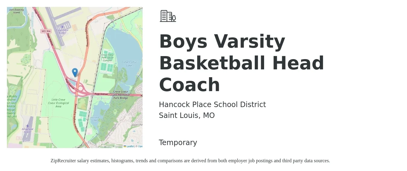 Hancock Place School District job posting for a Boys Varsity Basketball Head Coach in Saint Louis, MO with a salary of $5,575 Yearly with a map of Saint Louis location.