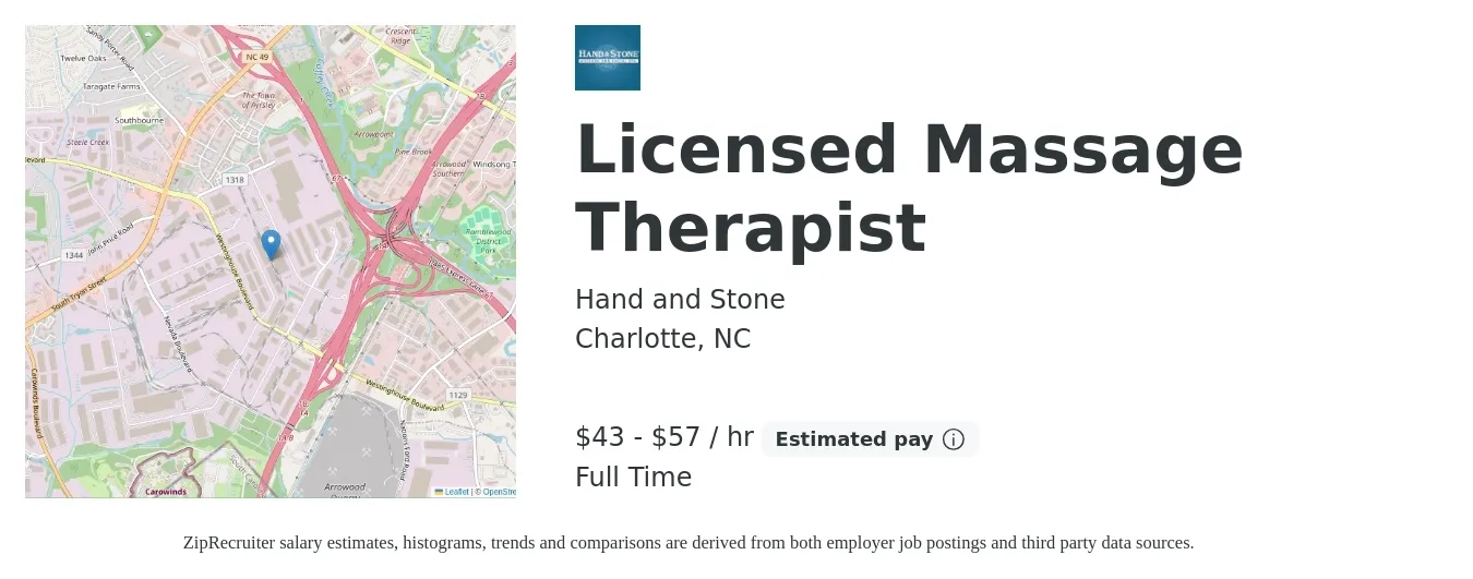 Hand & Stone - Charlotte job posting for a Licensed Massage Therapist in Charlotte, NC with a salary of $40 to $60 Hourly with a map of Charlotte location.
