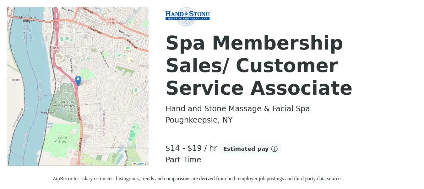 Hand and Stone Massage & Facial Spa job posting for a Spa Membership Sales/ Customer Service Associate in Poughkeepsie, NY with a salary of $15 to $20 Hourly with a map of Poughkeepsie location.