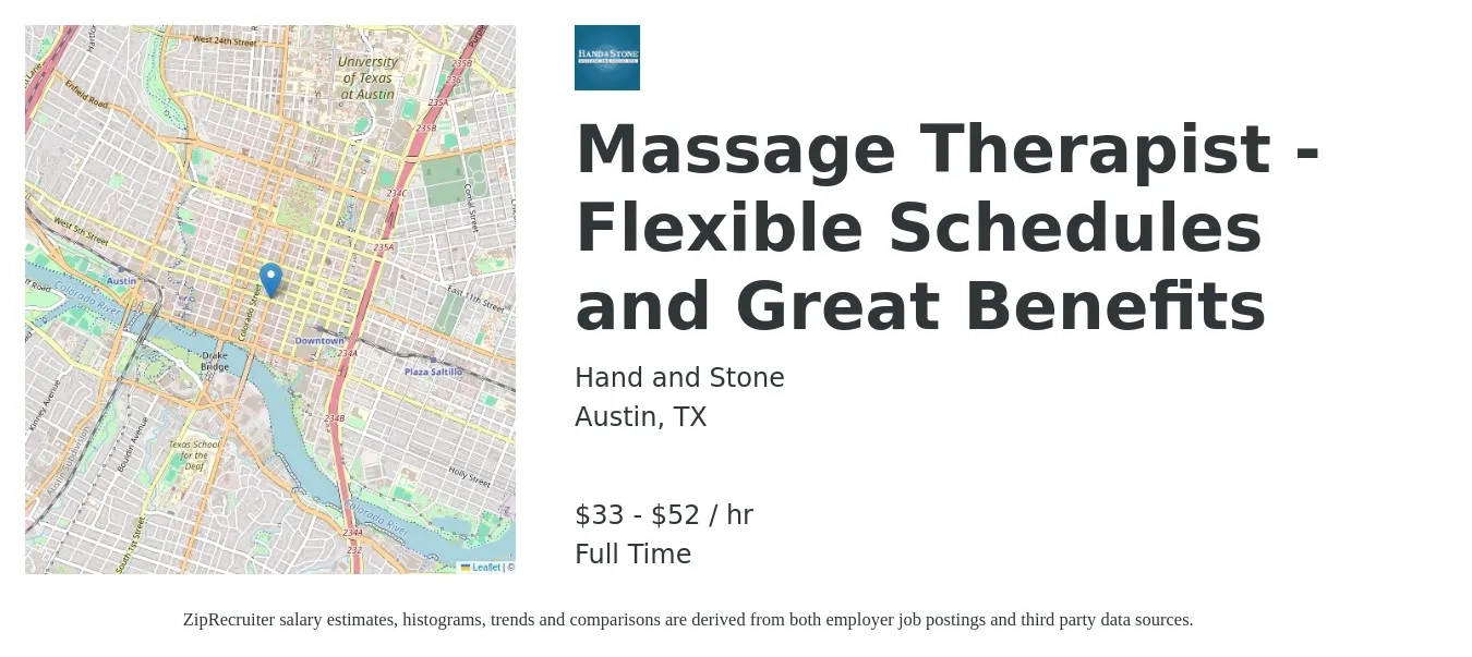 Hand & Stone Massage and Facial Spa - Austin, TX job posting for a Massage Therapist - Flexible Schedules and Great Benefits in Austin, TX with a salary of $35 to $55 Hourly with a map of Austin location.