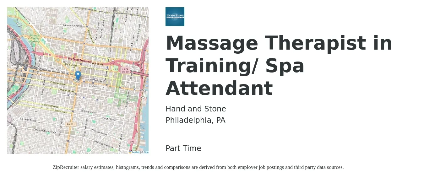 Hand & Stone - South Philadelphia job posting for a Massage Therapist in Training/ Spa Attendant in Philadelphia, PA with a salary of $35 to $45 Hourly with a map of Philadelphia location.