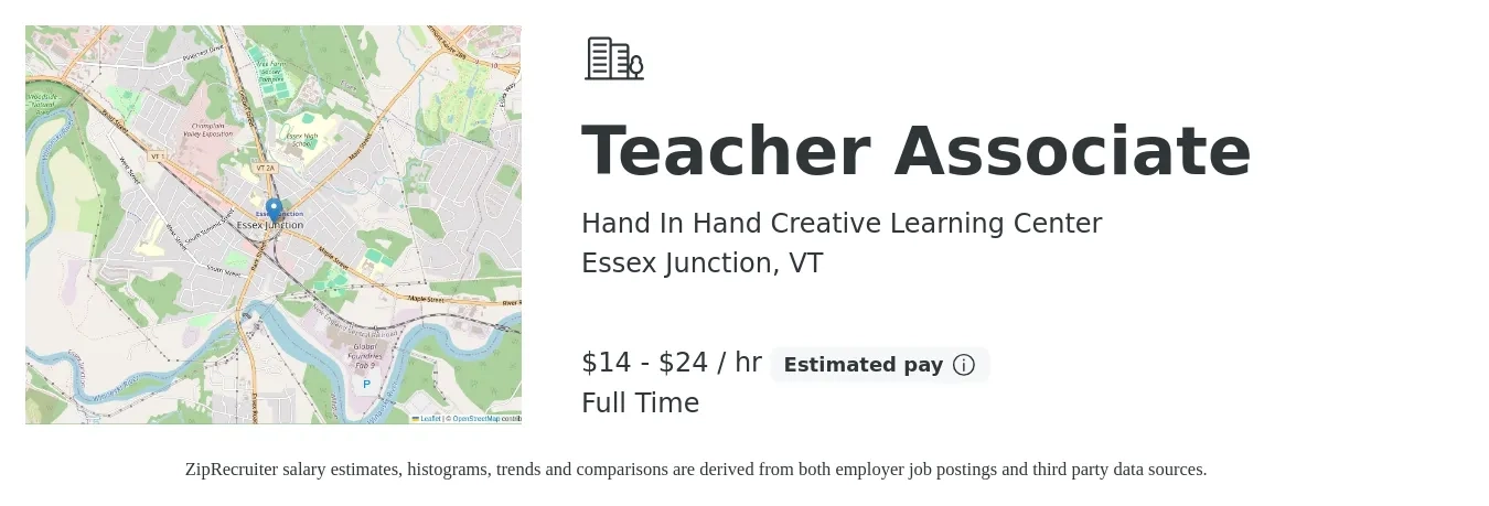 Hand In Hand Creative Learning Center job posting for a Teacher Associate in Essex Junction, VT with a salary of $17 to $26 Hourly with a map of Essex Junction location.