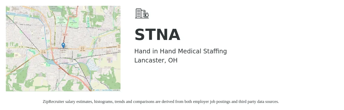 Hand in Hand Medical Staffing job posting for a STNA in Lancaster, OH with a salary of $14 to $18 Hourly with a map of Lancaster location.