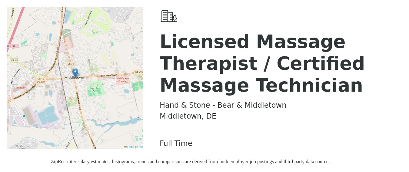 Hand & Stone - Bear & Middletown job posting for a Licensed Massage Therapist / Certified Massage Technician in Middletown, DE with a salary of $27 to $46 Hourly with a map of Middletown location.