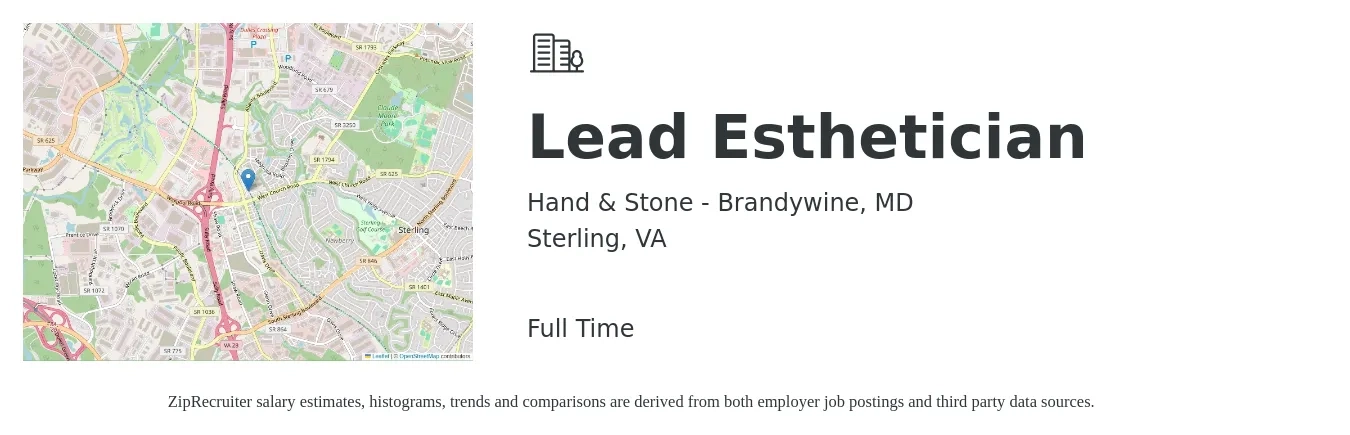 Hand & Stone - Brandywine, MD job posting for a Lead Esthetician in Sterling, VA with a salary of $20 to $28 Hourly with a map of Sterling location.