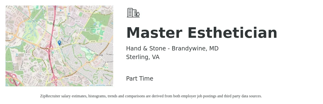 Hand & Stone - Brandywine, MD job posting for a Master Esthetician in Sterling, VA with a salary of $23 to $38 Hourly with a map of Sterling location.