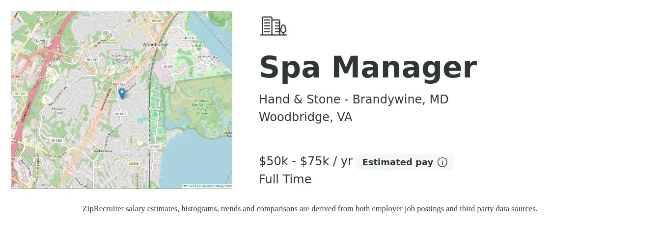 Hand & Stone - Brandywine, MD job posting for a Spa Manager in Woodbridge, VA with a salary of $45,000 to $75,000 Yearly with a map of Woodbridge location.