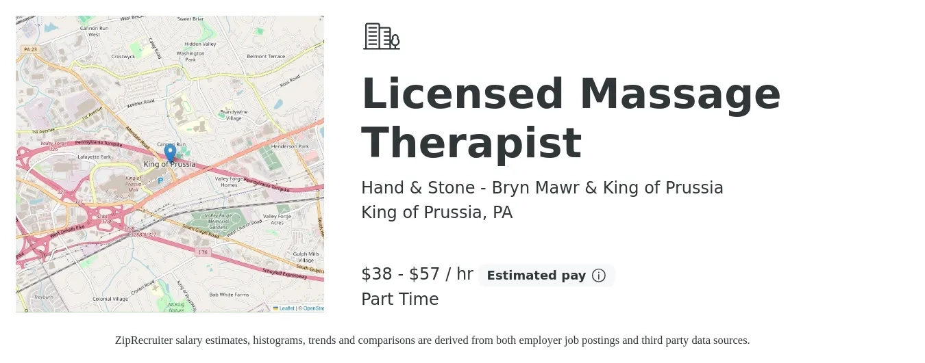 Hand & Stone - Bryn Mawr & King of Prussia job posting for a Licensed Massage Therapist in King of Prussia, PA with a salary of $40 to $60 Hourly with a map of King of Prussia location.