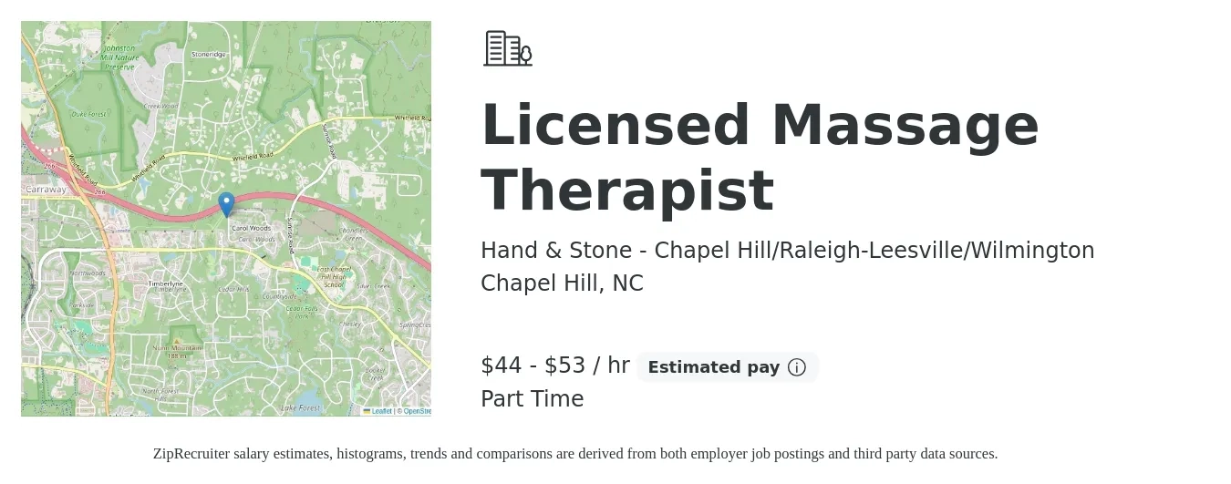 Hand & Stone - Chapel Hill/Raleigh-Leesville/Wilmington job posting for a Licensed Massage Therapist in Chapel Hill, NC with a salary of $46 to $65 Hourly with a map of Chapel Hill location.