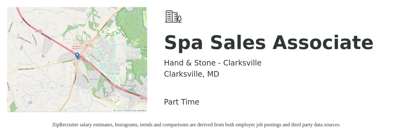 Hand & Stone - Clarksville job posting for a Spa Sales Associate in Clarksville, MD with a salary of $15 to $20 Hourly with a map of Clarksville location.