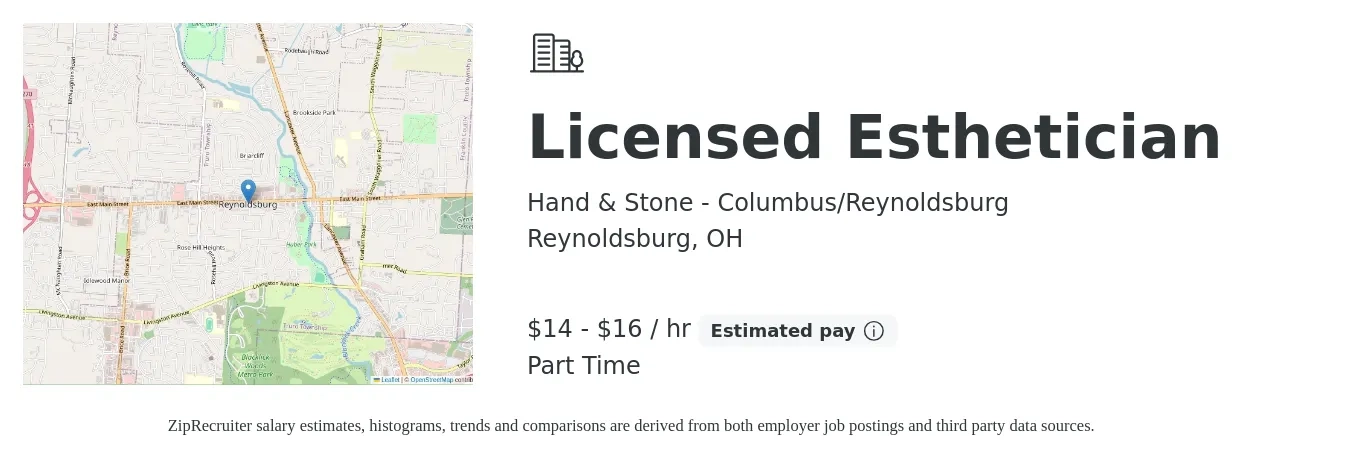 Hand & Stone - Columbus/Reynoldsburg job posting for a Licensed Esthetician in Reynoldsburg, OH with a salary of $15 to $17 Hourly with a map of Reynoldsburg location.