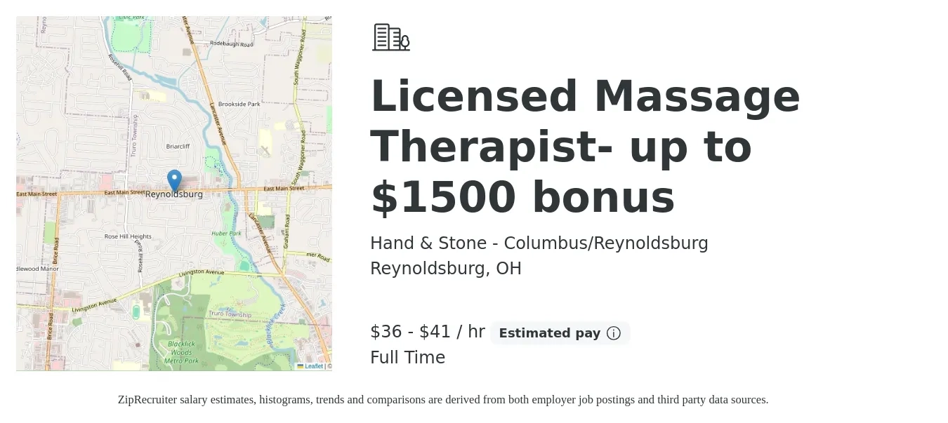 Hand & Stone - Columbus/Reynoldsburg job posting for a Licensed Massage Therapist- up to $1500 bonus in Reynoldsburg, OH with a salary of $38 to $43 Hourly with a map of Reynoldsburg location.