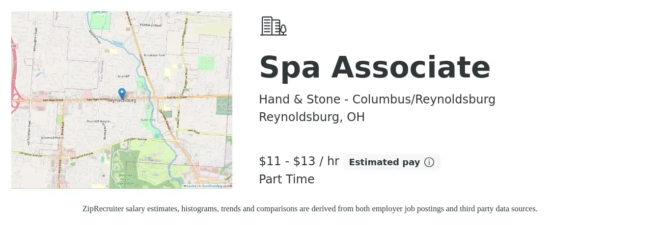 Hand & Stone - Columbus/Reynoldsburg job posting for a Spa Associate in Reynoldsburg, OH with a salary of $12 to $14 Hourly with a map of Reynoldsburg location.