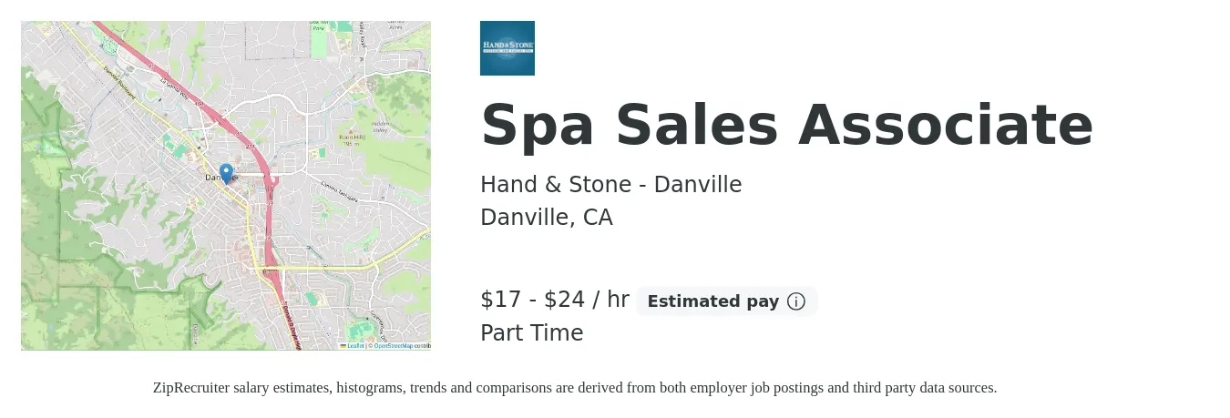 Hand & Stone - Danville job posting for a Spa Sales Associate in Danville, CA with a salary of $18 to $25 Hourly with a map of Danville location.
