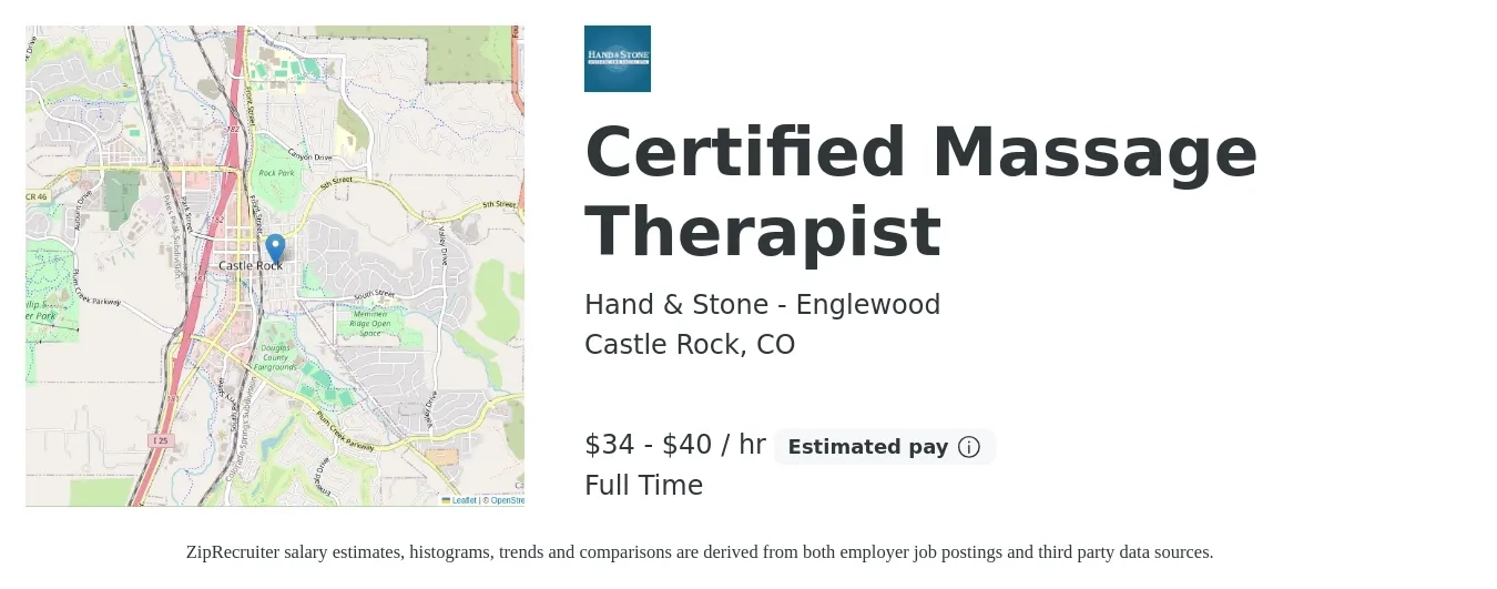 Hand & Stone - Englewood job posting for a Certified Massage Therapist in Castle Rock, CO with a salary of $36 to $41 Hourly with a map of Castle Rock location.
