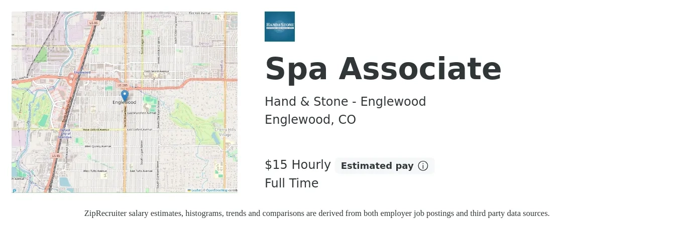 Hand & Stone - Englewood job posting for a Spa Associate in Englewood, CO with a salary of $16 Hourly with a map of Englewood location.