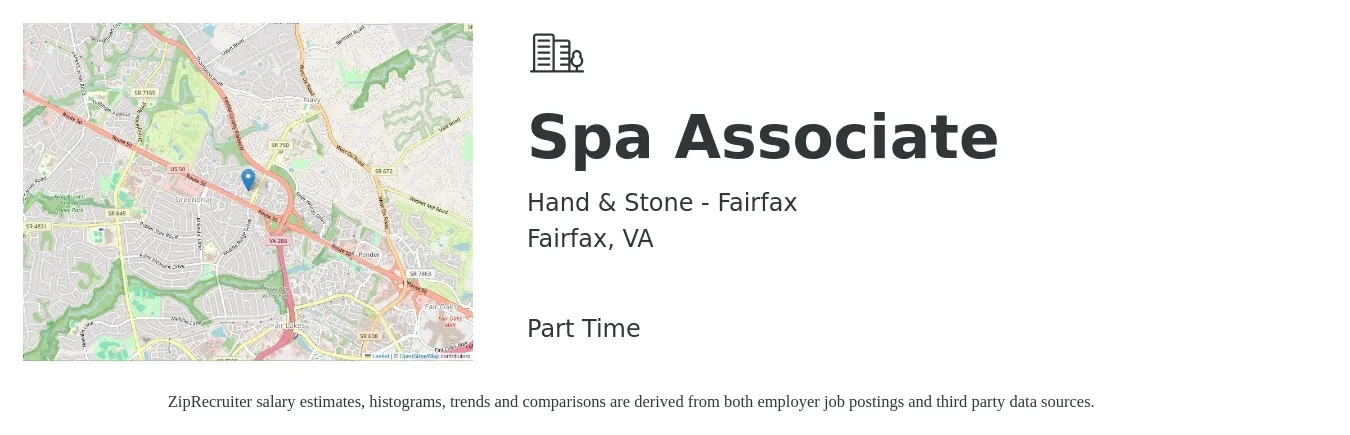Hand & Stone - Fairfax job posting for a Spa Associate in Fairfax, VA with a salary of $14 to $17 Hourly with a map of Fairfax location.