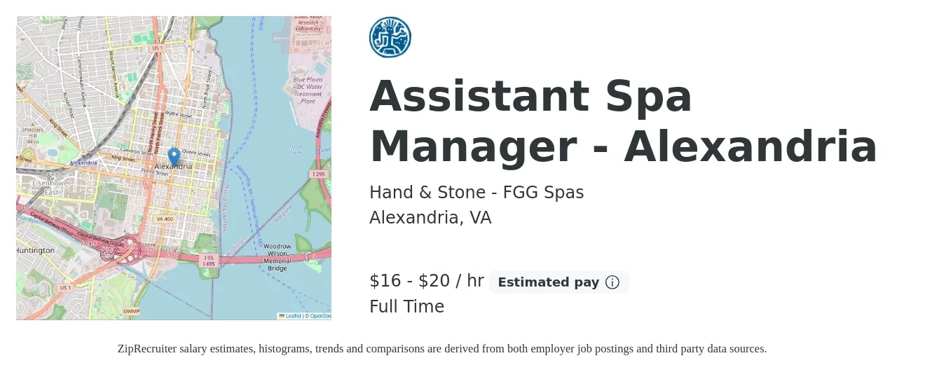 Hand & Stone - FGG Spas job posting for a Assistant Spa Manager - Alexandria in Alexandria, VA with a salary of $17 to $21 Hourly with a map of Alexandria location.