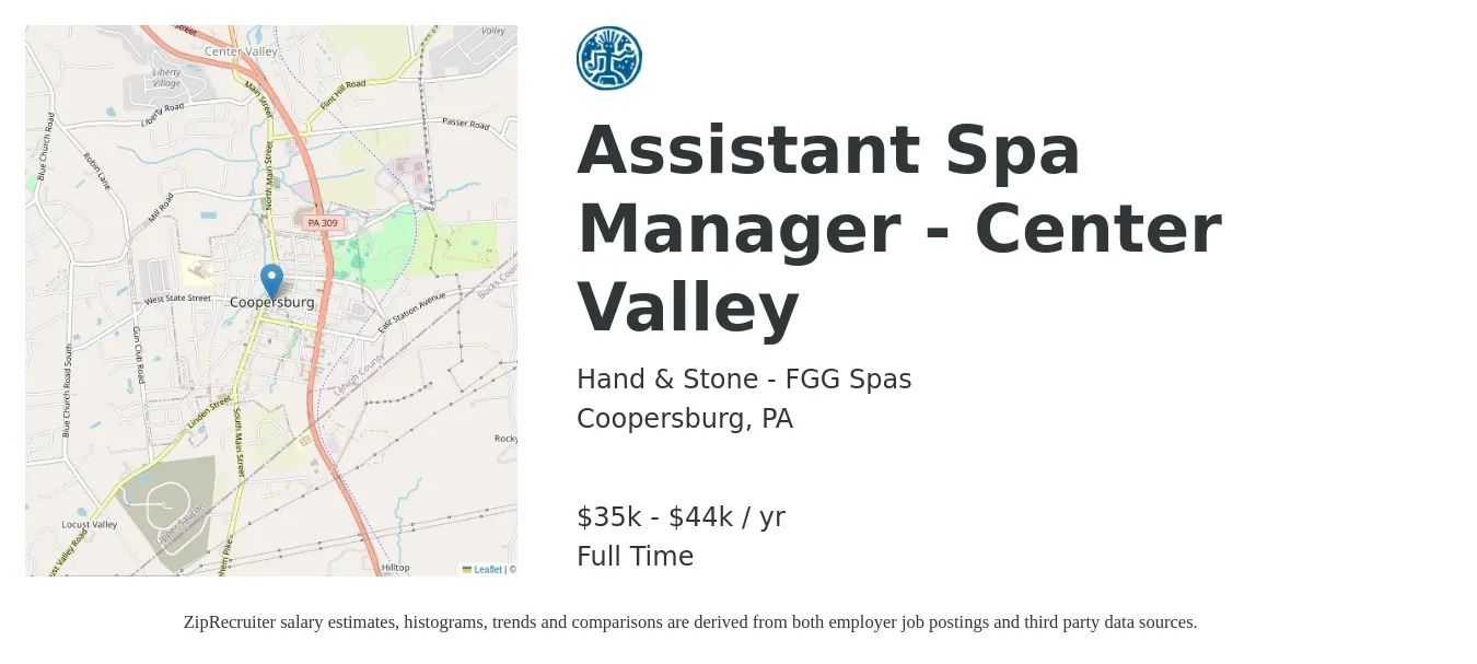 Hand & Stone - FGG Spas job posting for a Assistant Spa Manager - Center Valley in Coopersburg, PA with a salary of $35,000 to $44,000 Yearly with a map of Coopersburg location.