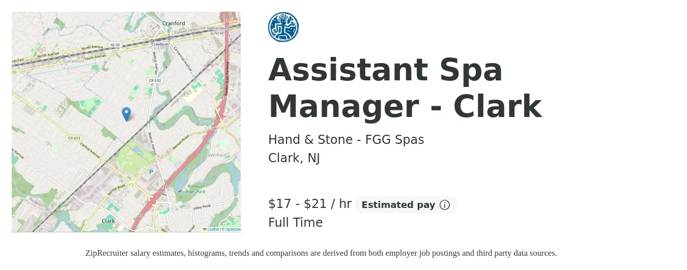 Hand & Stone - FGG Spas job posting for a Assistant Spa Manager - Clark in Clark, NJ with a salary of $18 to $22 Hourly with a map of Clark location.