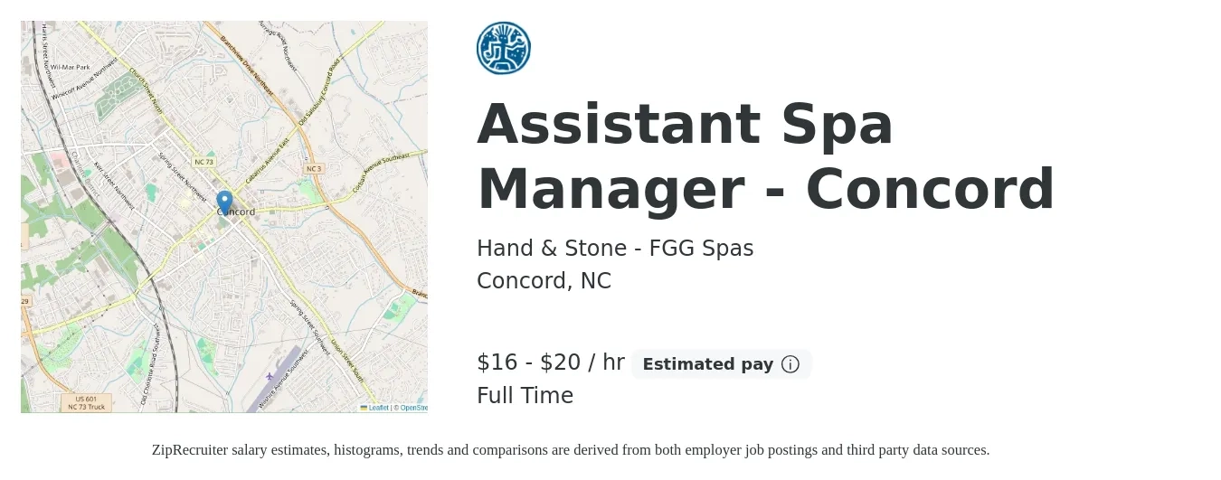 Hand & Stone - FGG Spas job posting for a Assistant Spa Manager - Concord in Concord, NC with a salary of $17 to $21 Hourly with a map of Concord location.
