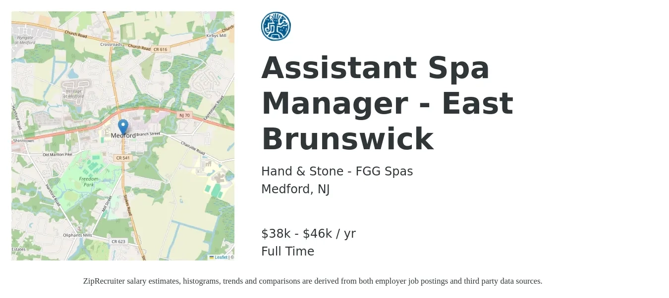 Hand & Stone - FGG Spas job posting for a Assistant Spa Manager - East Brunswick in Medford, NJ with a salary of $18 to $22 Hourly with a map of Medford location.