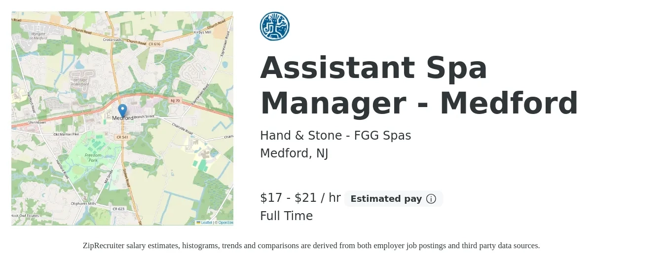 Hand & Stone - FGG Spas job posting for a Assistant Spa Manager - Medford in Medford, NJ with a salary of $18 to $22 Hourly with a map of Medford location.