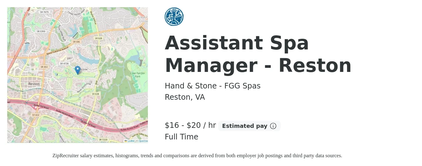 Hand & Stone - FGG Spas job posting for a Assistant Spa Manager - Reston in Reston, VA with a salary of $17 to $21 Hourly with a map of Reston location.