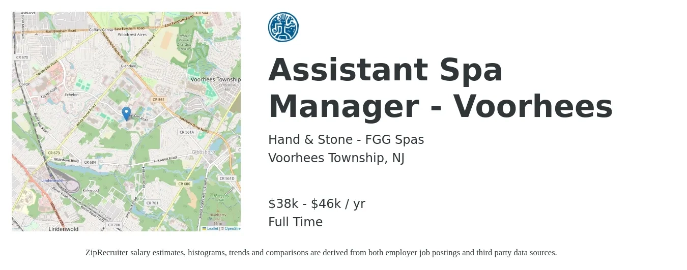 Hand & Stone - FGG Spas job posting for a Assistant Spa Manager - Voorhees in Voorhees Township, NJ with a salary of $18 to $22 Hourly with a map of Voorhees Township location.