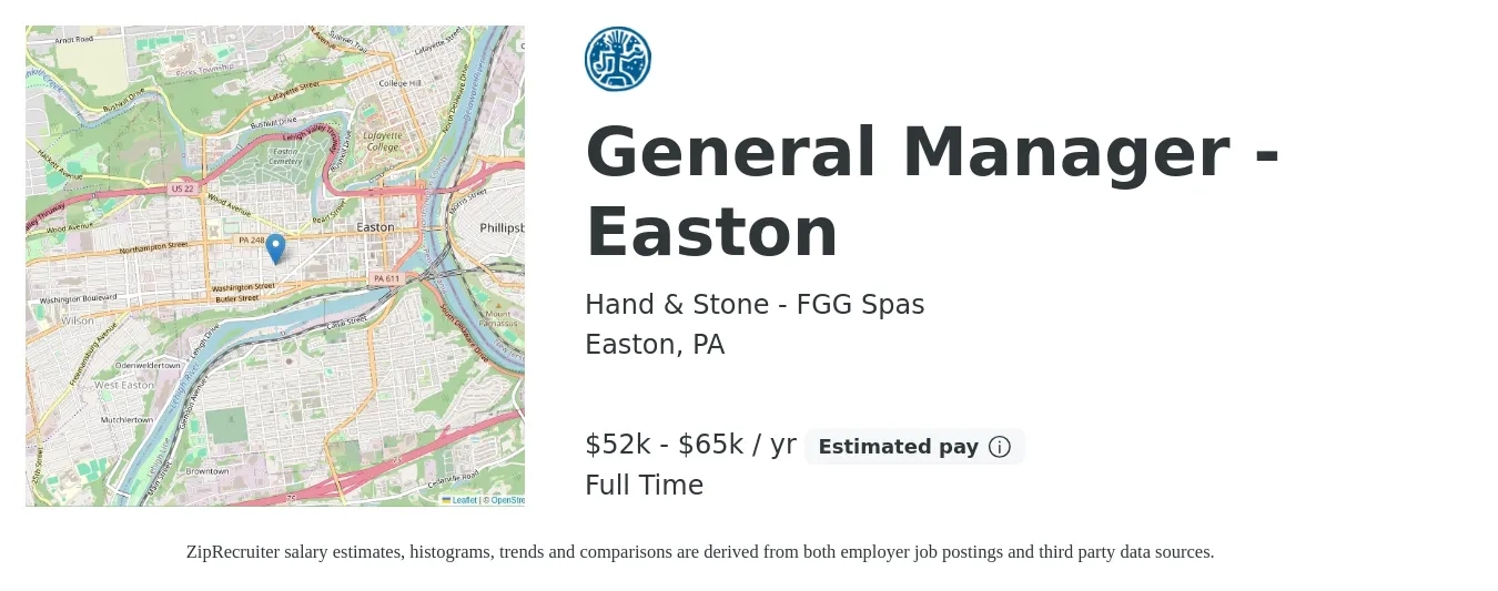 Hand & Stone - FGG Spas job posting for a General Manager - Easton in Easton, PA with a salary of $40,000 to $55,000 Yearly with a map of Easton location.