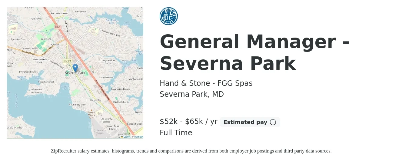 Hand & Stone - FGG Spas job posting for a General Manager - Severna Park in Severna Park, MD with a salary of $52,000 to $65,000 Yearly with a map of Severna Park location.