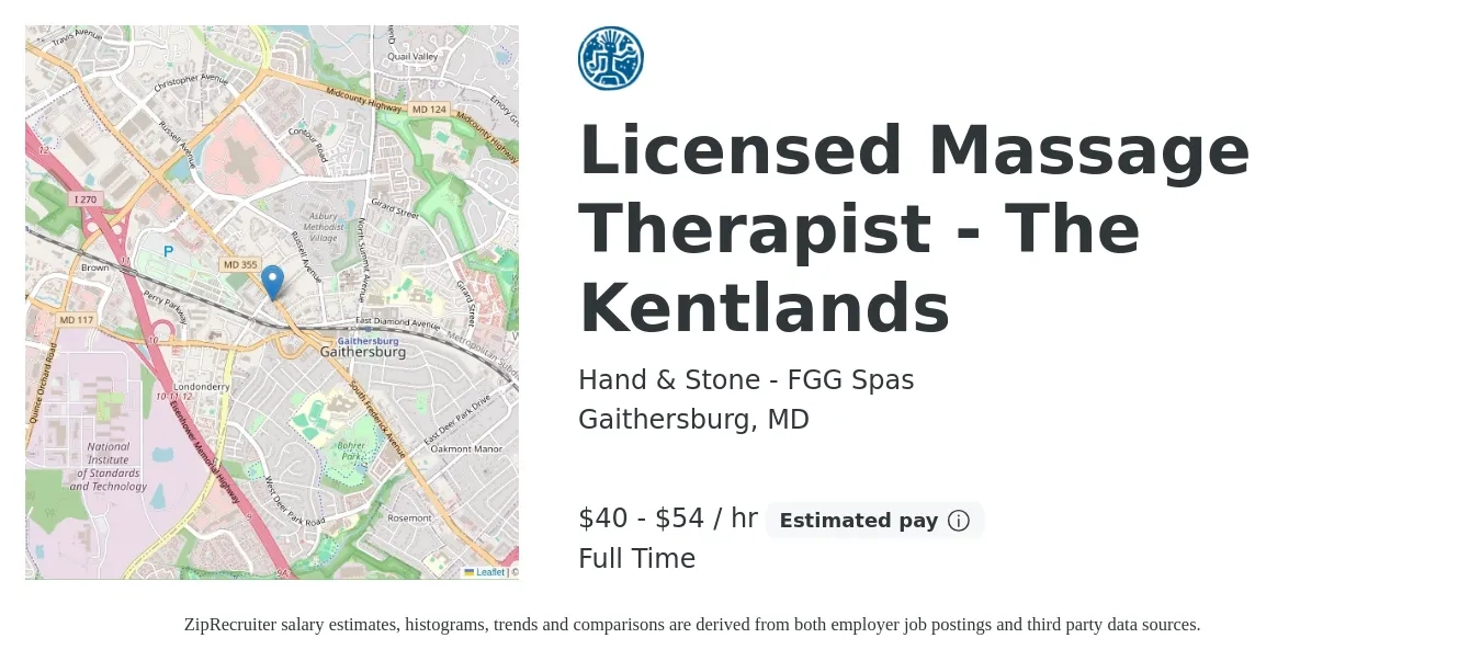 Hand & Stone - FGG Spas job posting for a Licensed Massage Therapist - The Kentlands in Gaithersburg, MD with a salary of $50 to $67 Hourly with a map of Gaithersburg location.