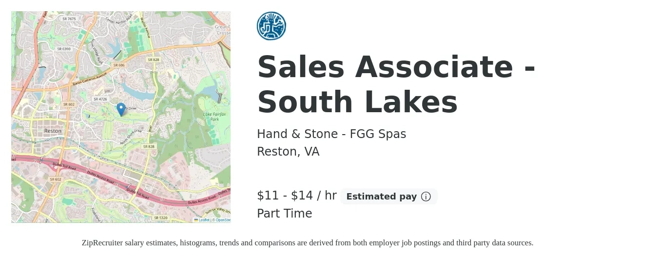 Hand & Stone - FGG Spas job posting for a Sales Associate - South Lakes in Reston, VA with a salary of $12 to $15 Hourly with a map of Reston location.