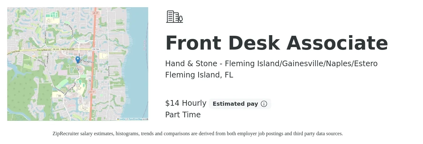 Hand & Stone - Fleming Island/Gainesville/Naples/Estero job posting for a Front Desk Associate in Fleming Island, FL with a salary of $15 Hourly with a map of Fleming Island location.