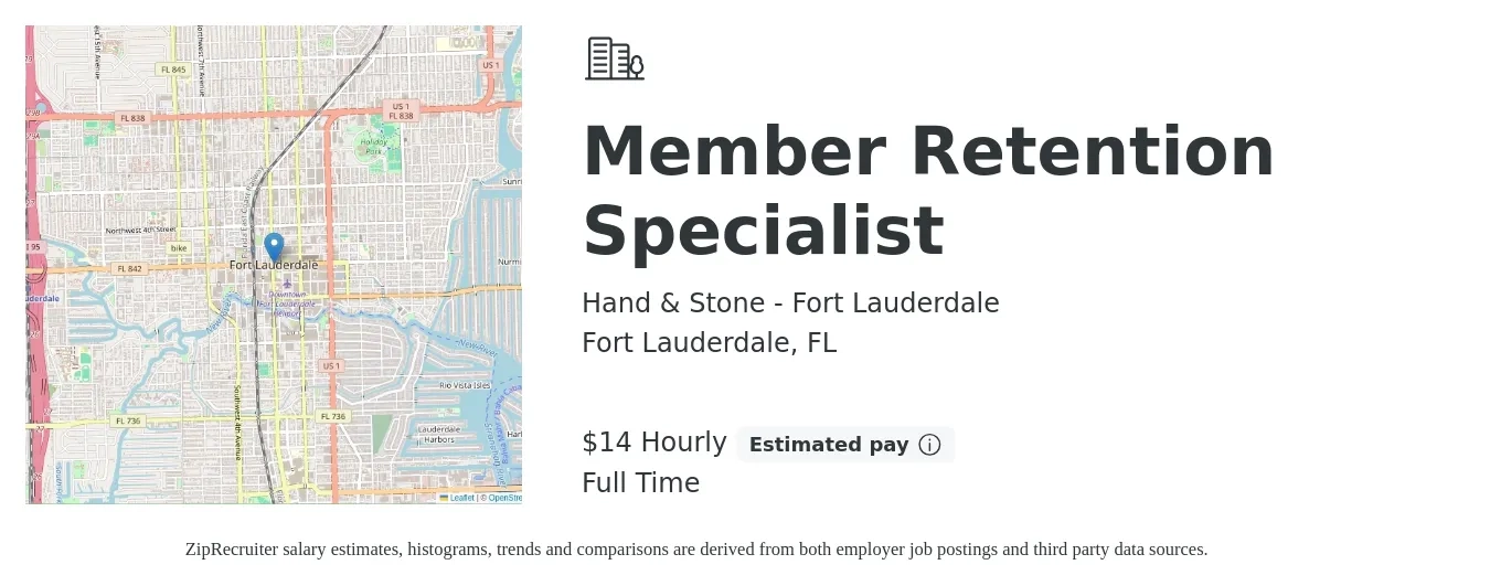 Hand & Stone - Fort Lauderdale job posting for a Member Retention Specialist in Fort Lauderdale, FL with a salary of $15 Hourly with a map of Fort Lauderdale location.