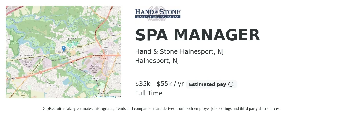 Hand & Stone-Hainesport, NJ job posting for a SPA MANAGER in Hainesport, NJ with a salary of $35,000 to $55,000 Yearly (plus commission) and benefits including pto, and retirement with a map of Hainesport location.