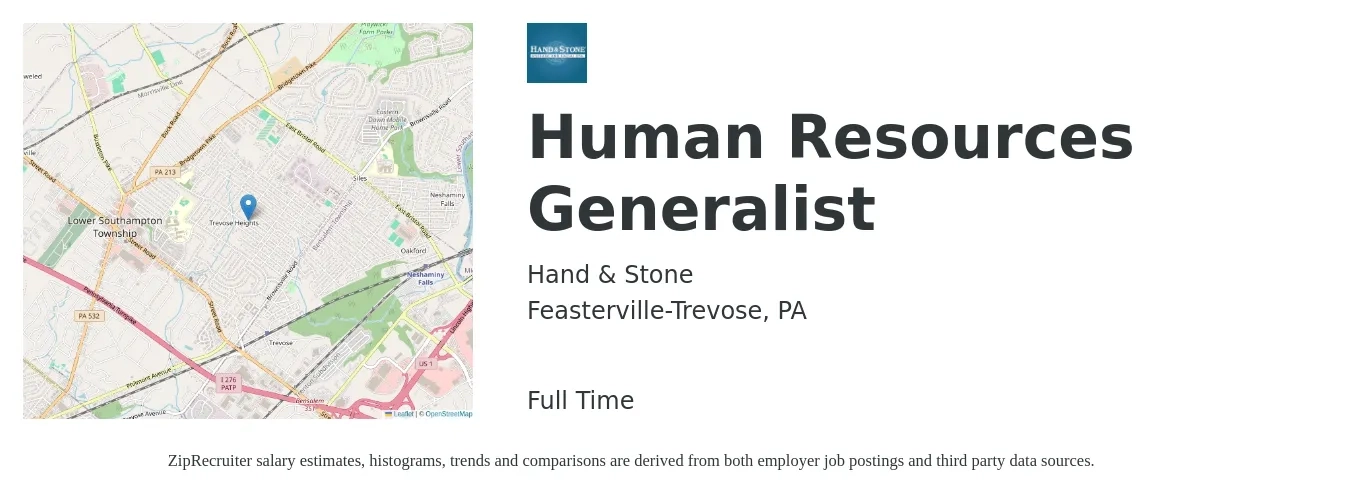 Hand & Stone job posting for a Human Resources Generalist in Feasterville-Trevose, PA with a salary of $48,900 to $69,600 Yearly with a map of Feasterville-Trevose location.