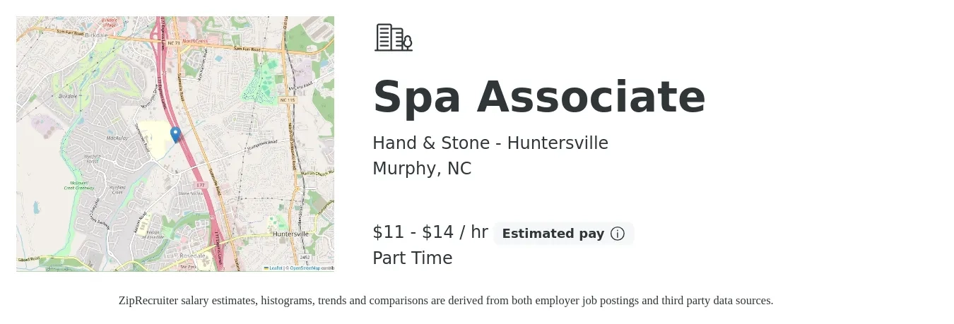 Hand & Stone - Huntersville job posting for a Spa Associate in Murphy, NC with a salary of $12 to $15 Hourly with a map of Murphy location.