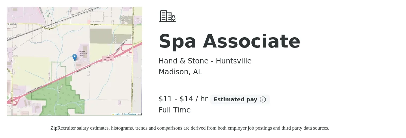 Hand & Stone - Huntsville job posting for a Spa Associate in Madison, AL with a salary of $12 to $15 Hourly with a map of Madison location.