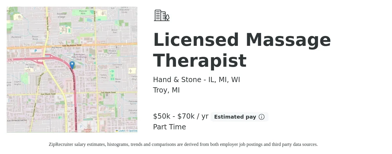 Hand & Stone - IL, MI, WI job posting for a Licensed Massage Therapist in Troy, MI with a salary of $45,000 to $75,000 Yearly with a map of Troy location.