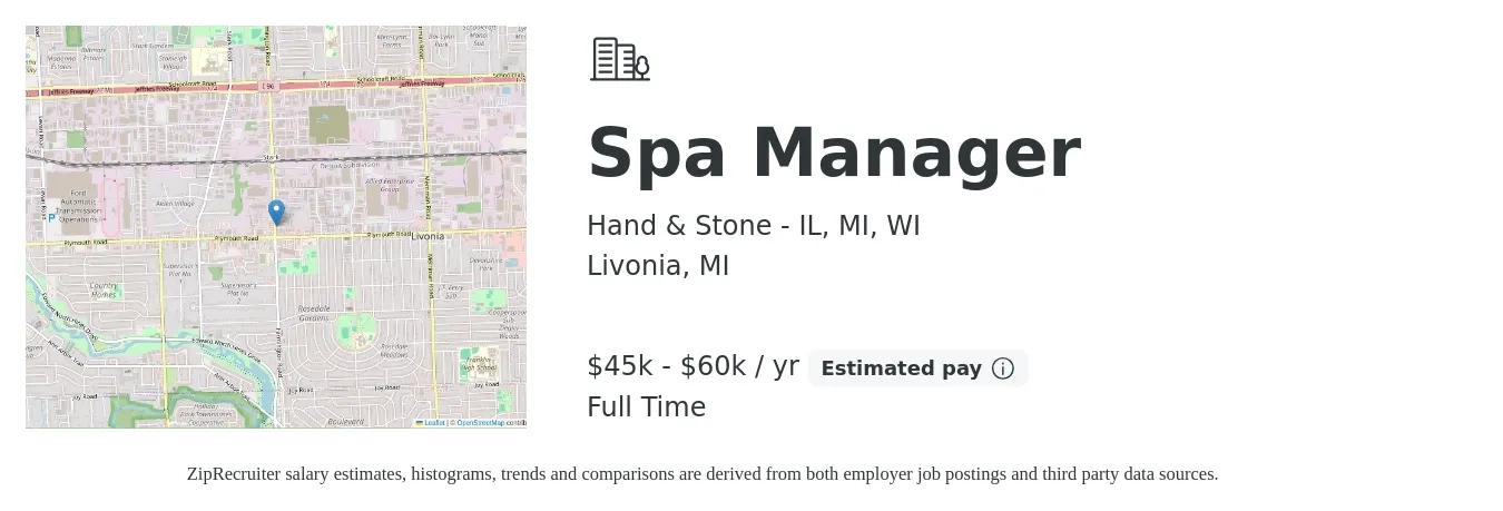 Hand & Stone - IL, MI, WI job posting for a Spa Manager in Livonia, MI with a salary of $45,000 to $60,000 Yearly with a map of Livonia location.