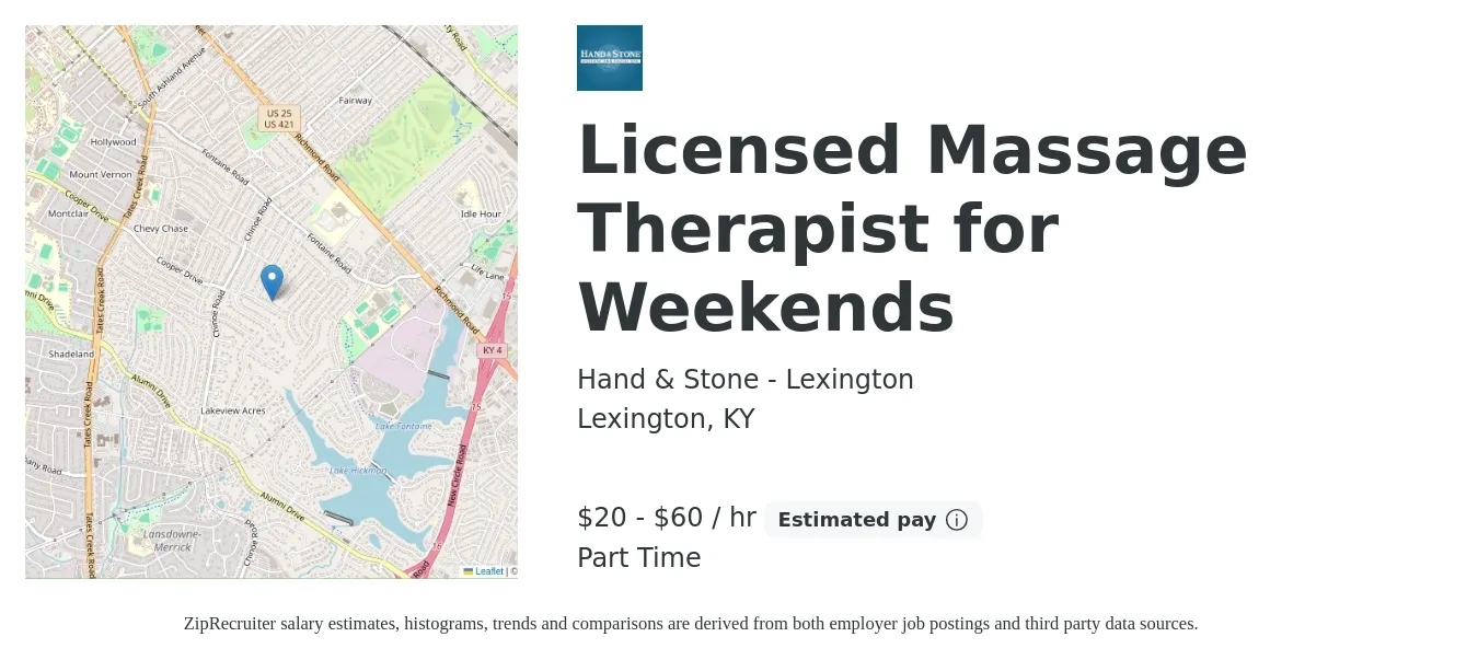 Hand & Stone - Lexington job posting for a Licensed Massage Therapist for Weekends in Lexington, KY with a salary of $21 to $63 Hourly with a map of Lexington location.